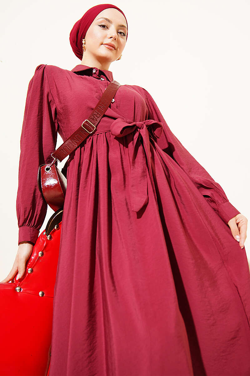 Side-Tie Dress with Stone Buttons - Burgundy