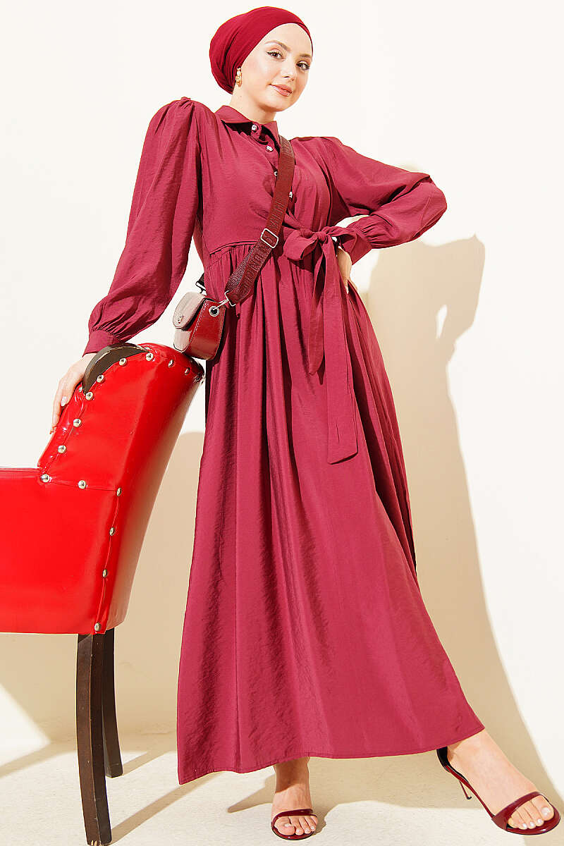 Side-Tie Dress with Stone Buttons - Burgundy