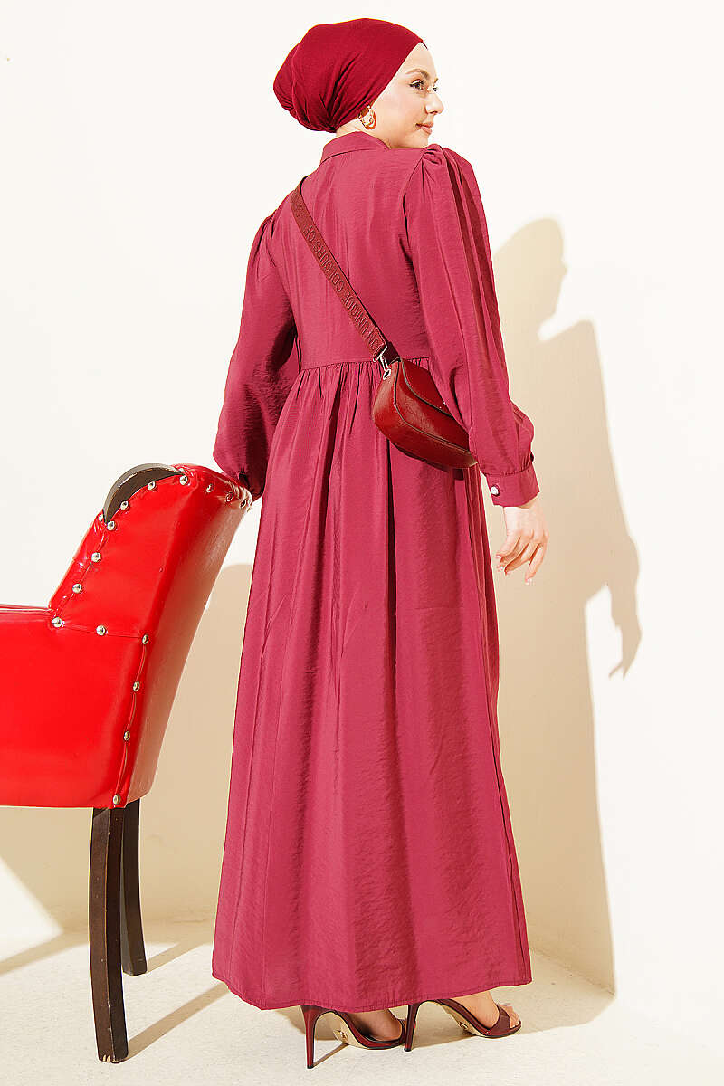 Side-Tie Dress with Stone Buttons - Burgundy