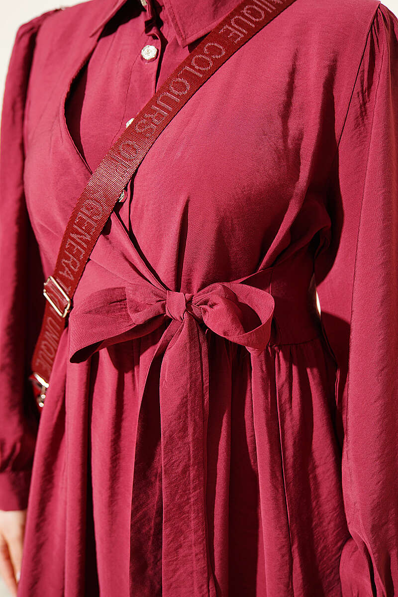 Side-Tie Dress with Stone Buttons - Burgundy