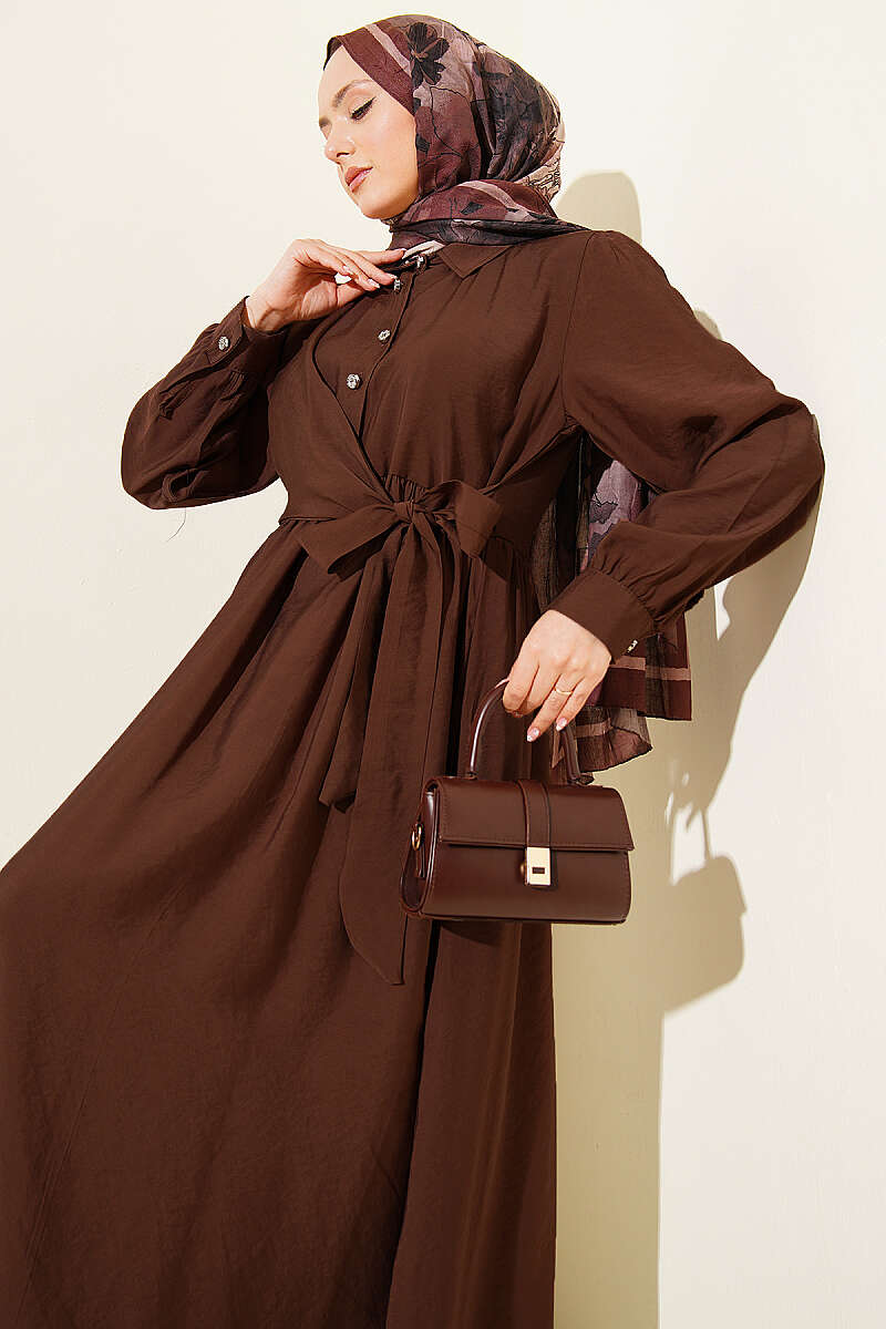 Side-Tie Dress with Stone Buttons - Brown