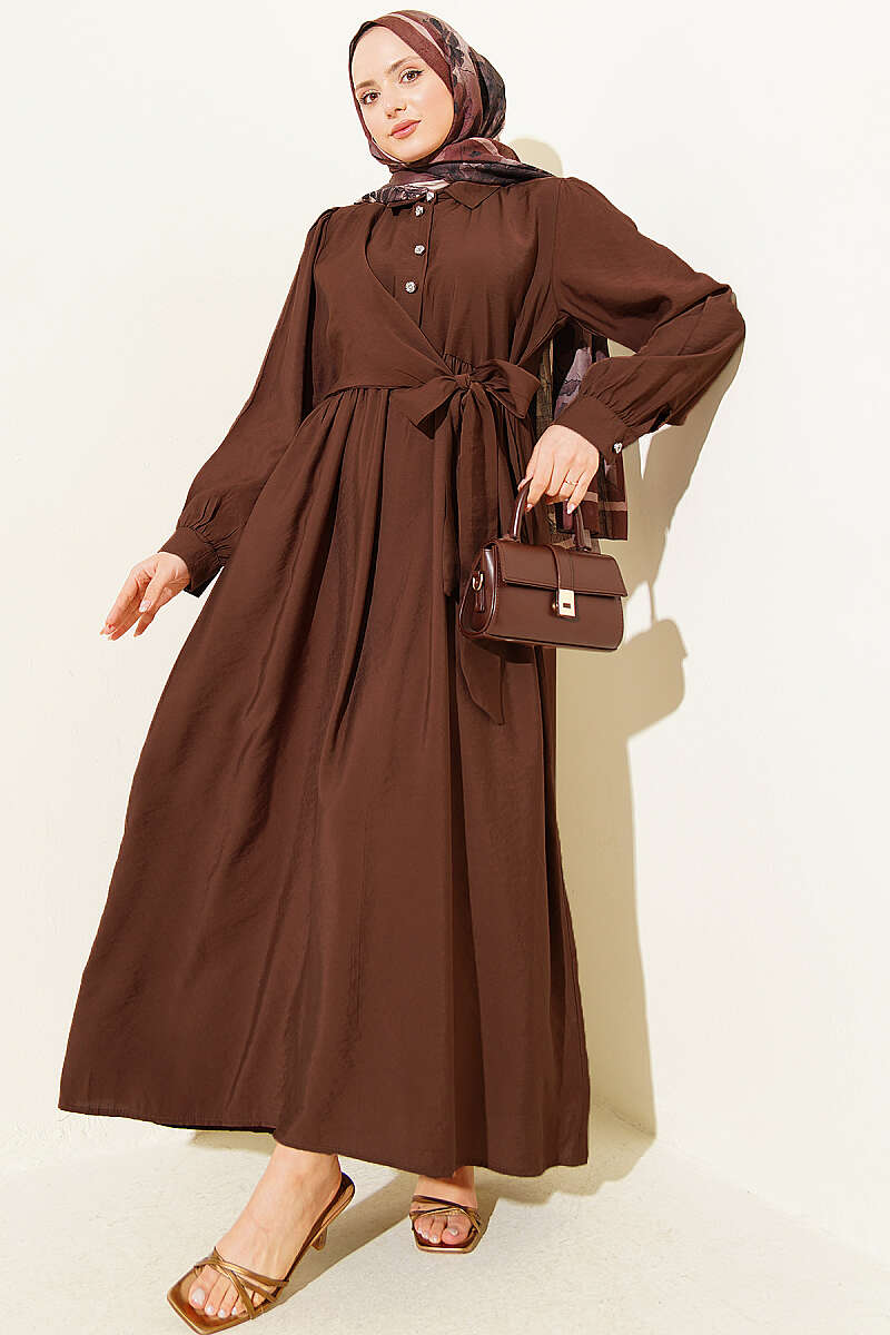 Side-Tie Dress with Stone Buttons - Brown