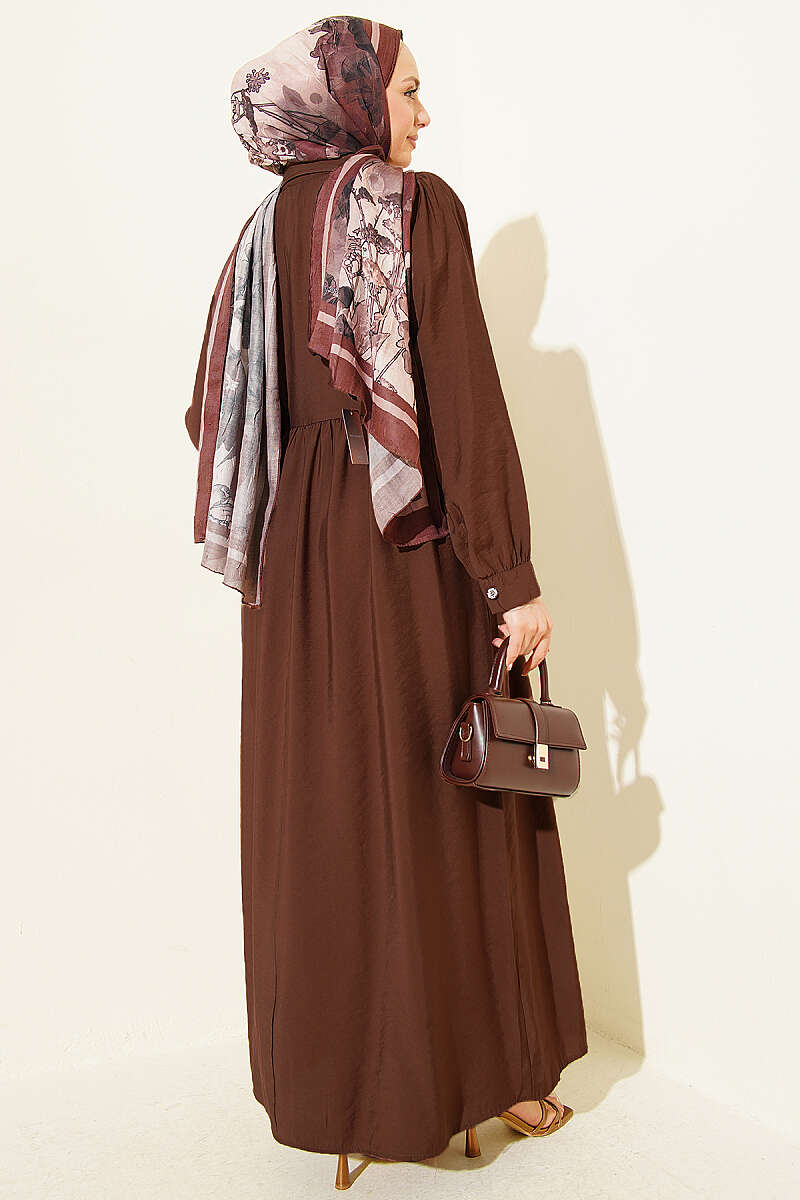 Side-Tie Dress with Stone Buttons - Brown