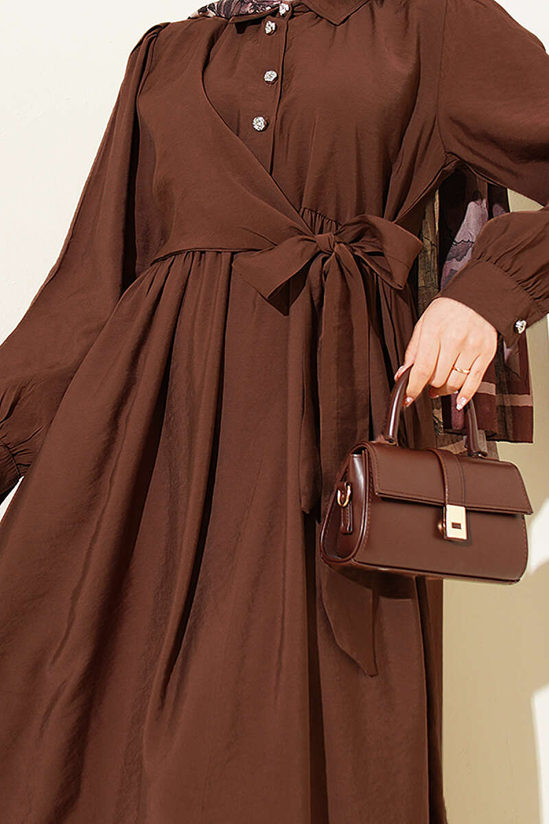 Side-Tie Dress with Stone Buttons - Brown