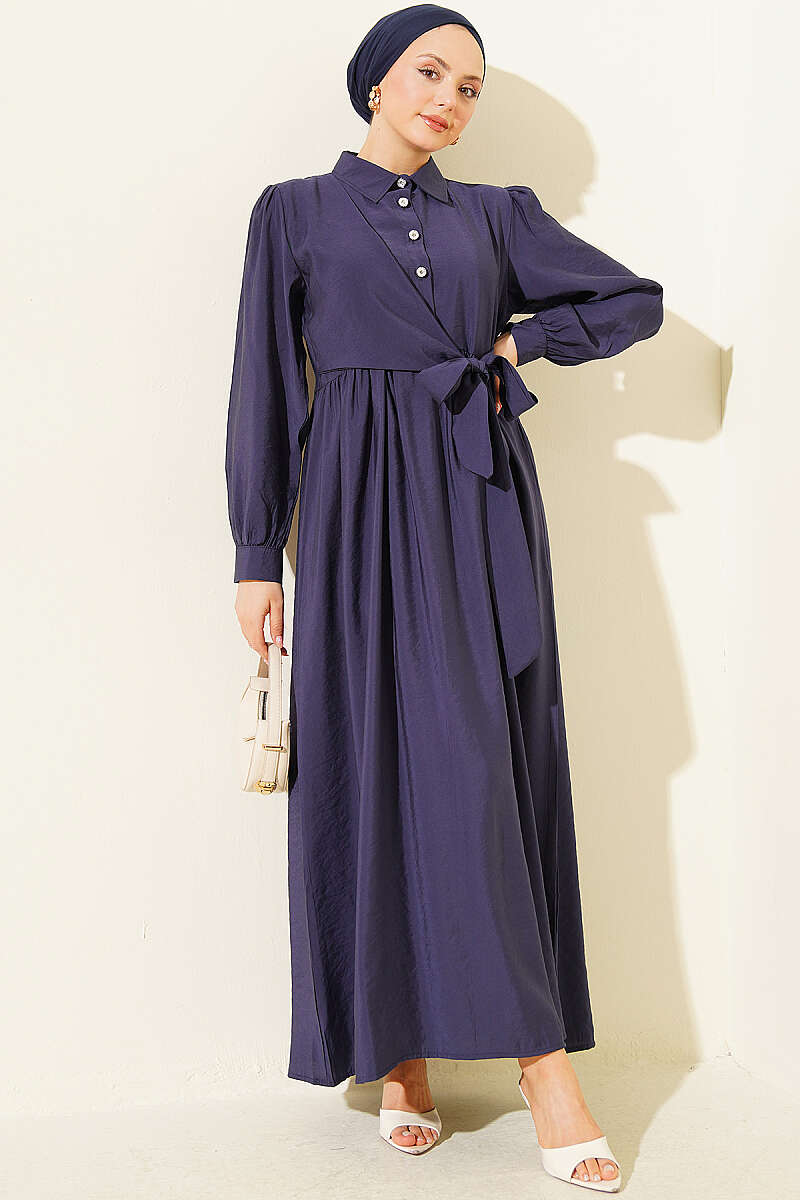 Side-Tie Dress with Stone Buttons - Navy