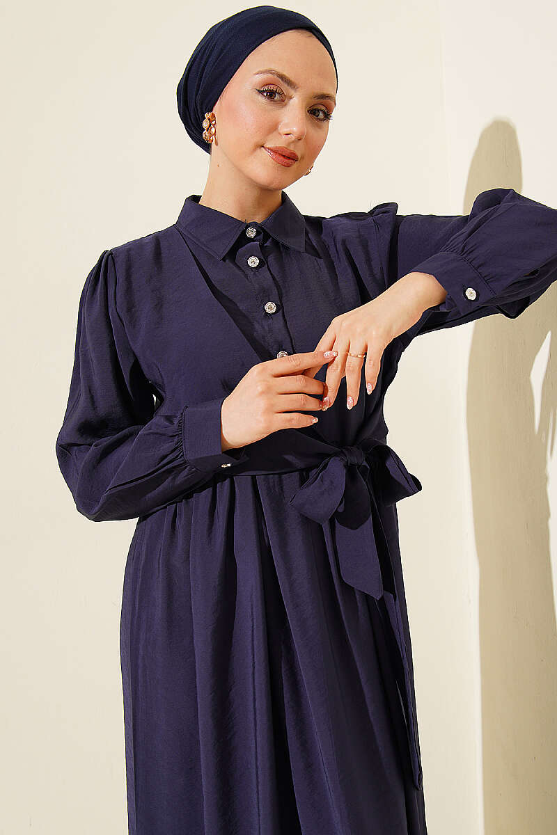 Side-Tie Dress with Stone Buttons - Navy