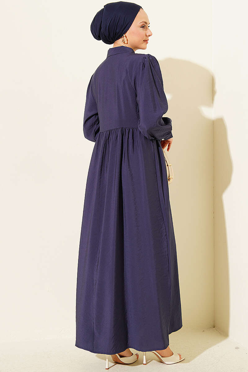 Side-Tie Dress with Stone Buttons - Navy