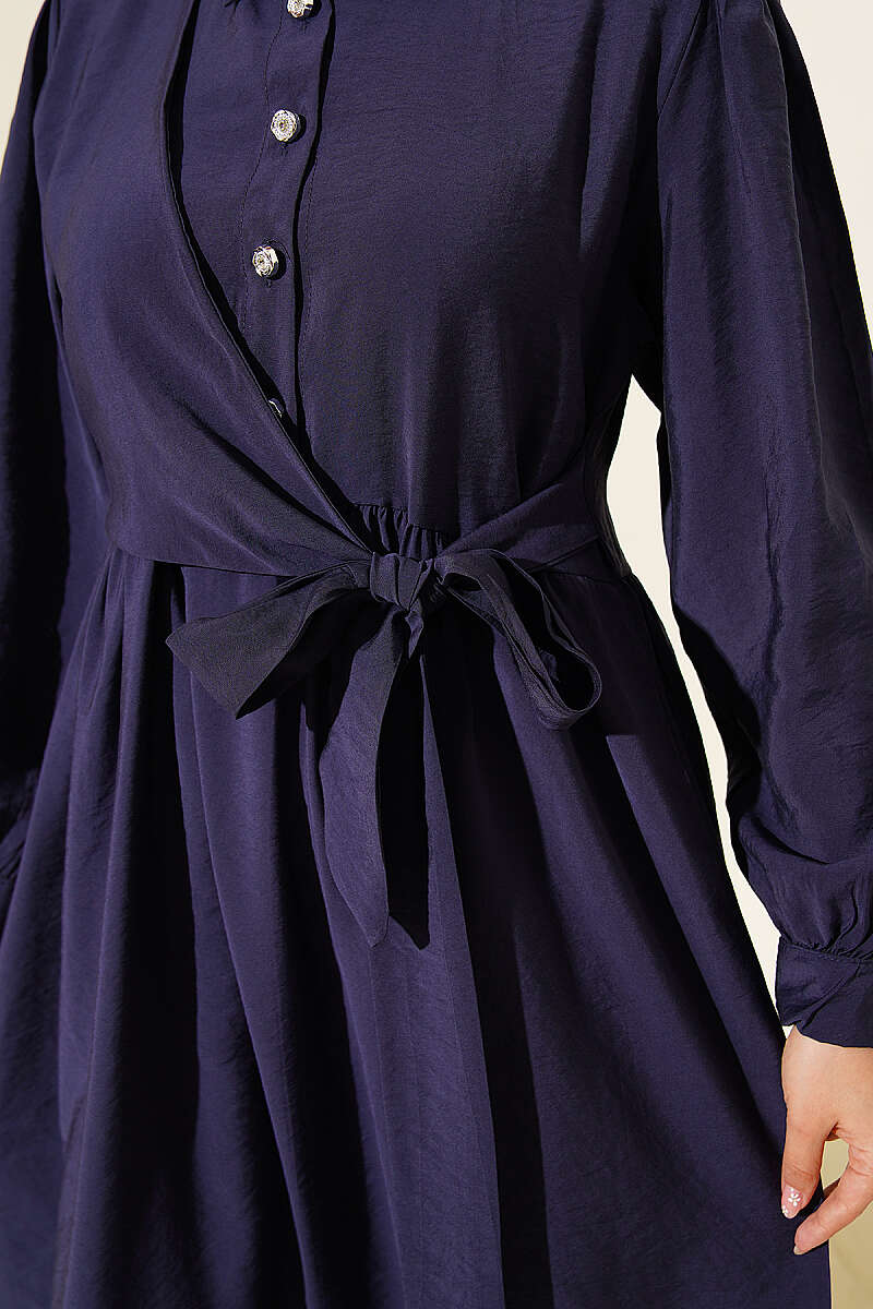 Side-Tie Dress with Stone Buttons - Navy