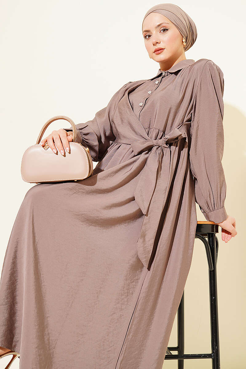 Side-Tie Dress with Stone Buttons - Mink
