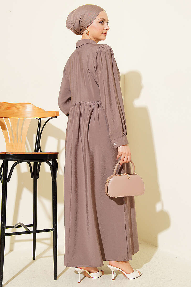Side-Tie Dress with Stone Buttons - Mink