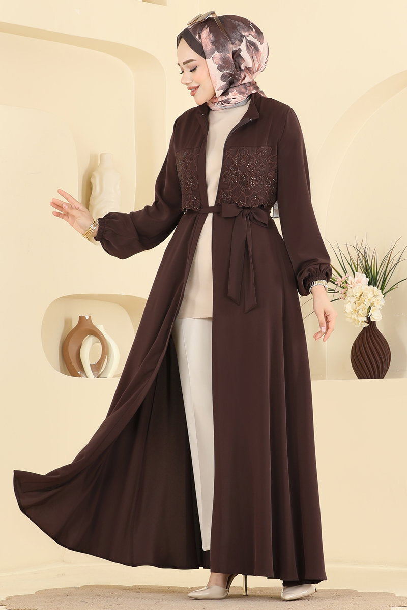 Dubai Abaya Coat with Stone Guipure - Dark Brown