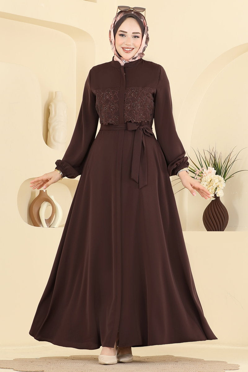 Dubai Abaya Coat with Stone Guipure - Dark Brown