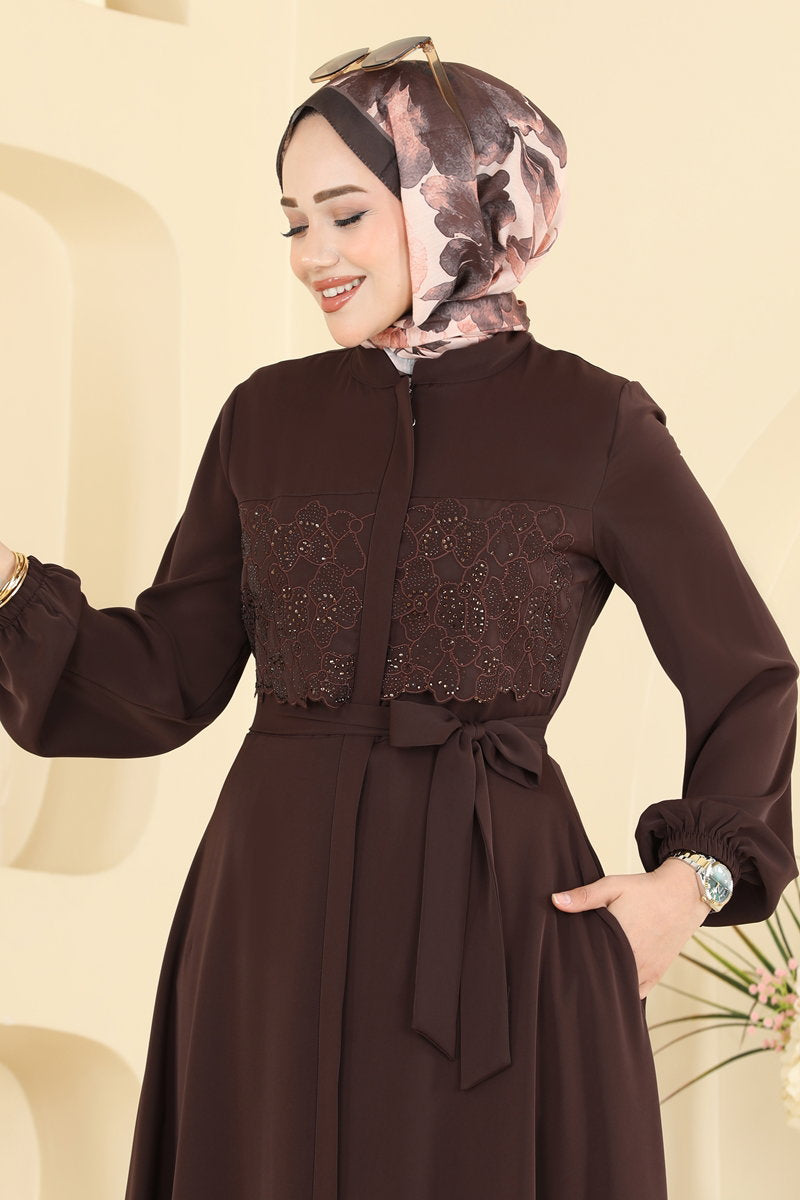 Dubai Abaya Coat with Stone Guipure - Dark Brown