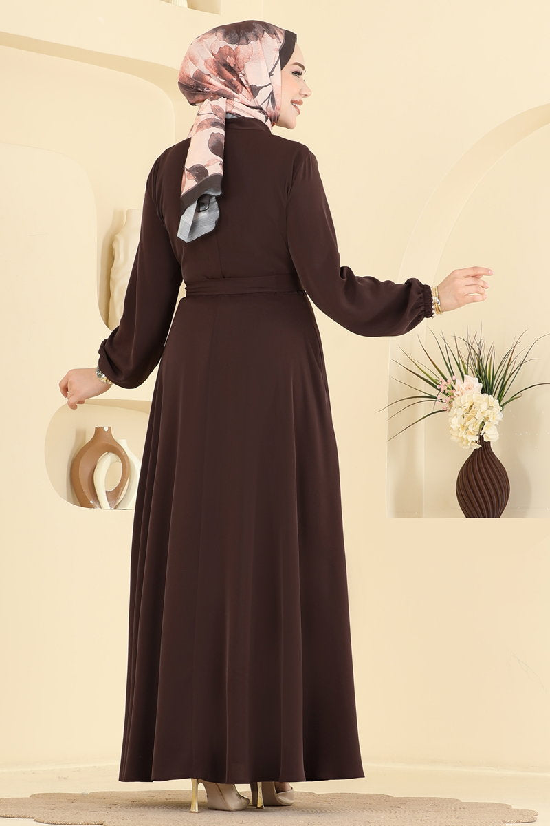 Dubai Abaya Coat with Stone Guipure - Dark Brown