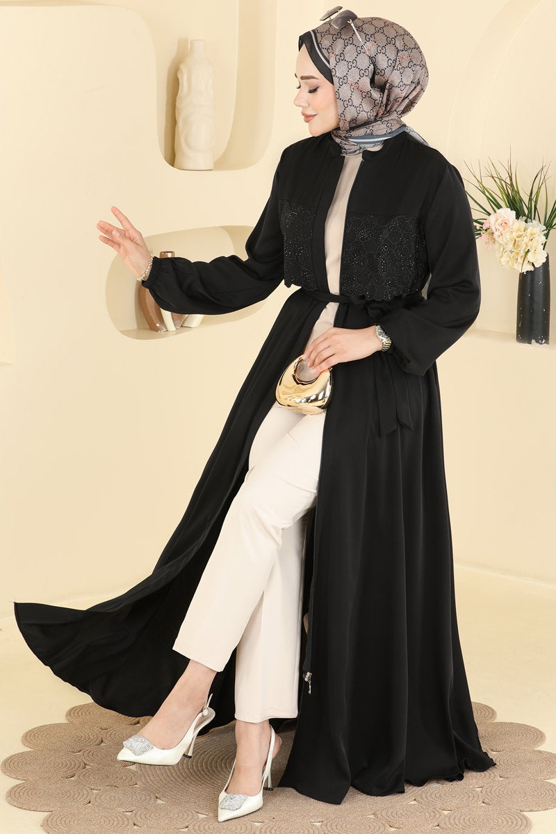 Dubai Abaya Coat with Stone Guipure - Black