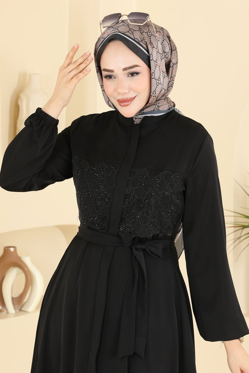 Dubai Abaya Coat with Stone Guipure - Black