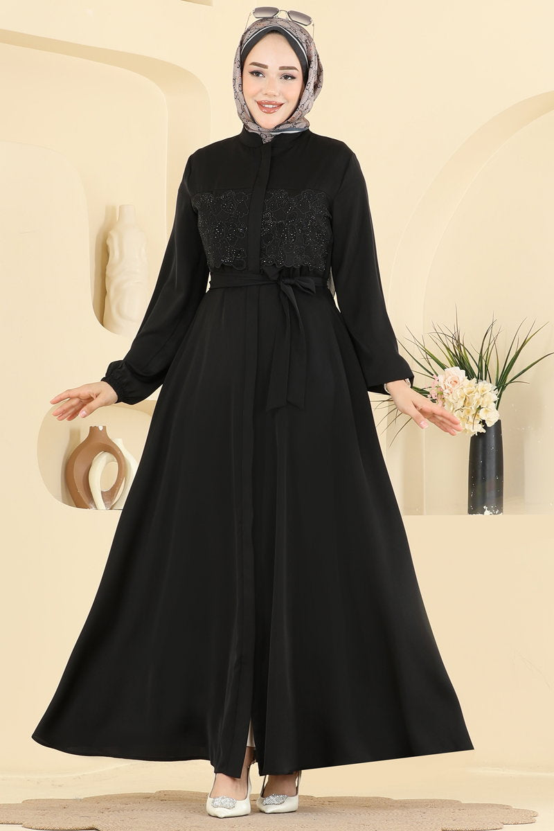 Dubai Abaya Coat with Stone Guipure - Black