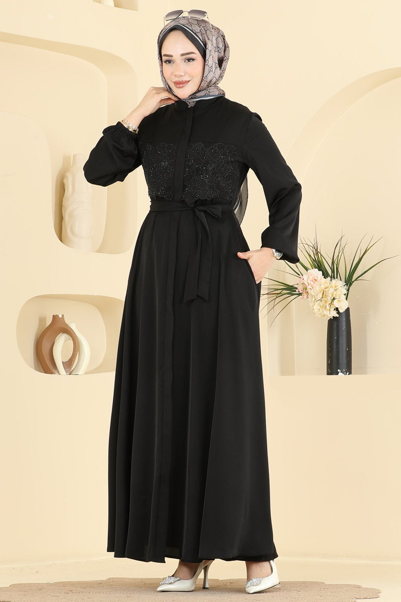 Dubai Abaya Coat with Stone Guipure - Black