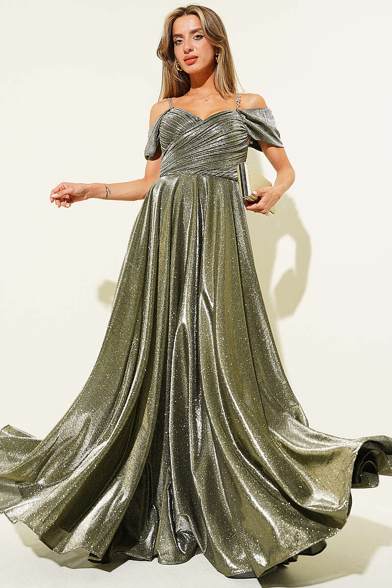 Strapless Glitter Evening Dress with Stone Straps - Khaki