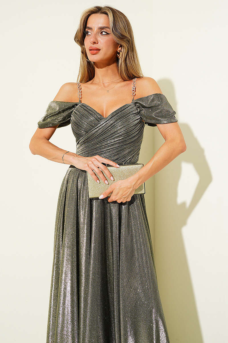 Strapless Glitter Evening Dress with Stone Straps - Khaki