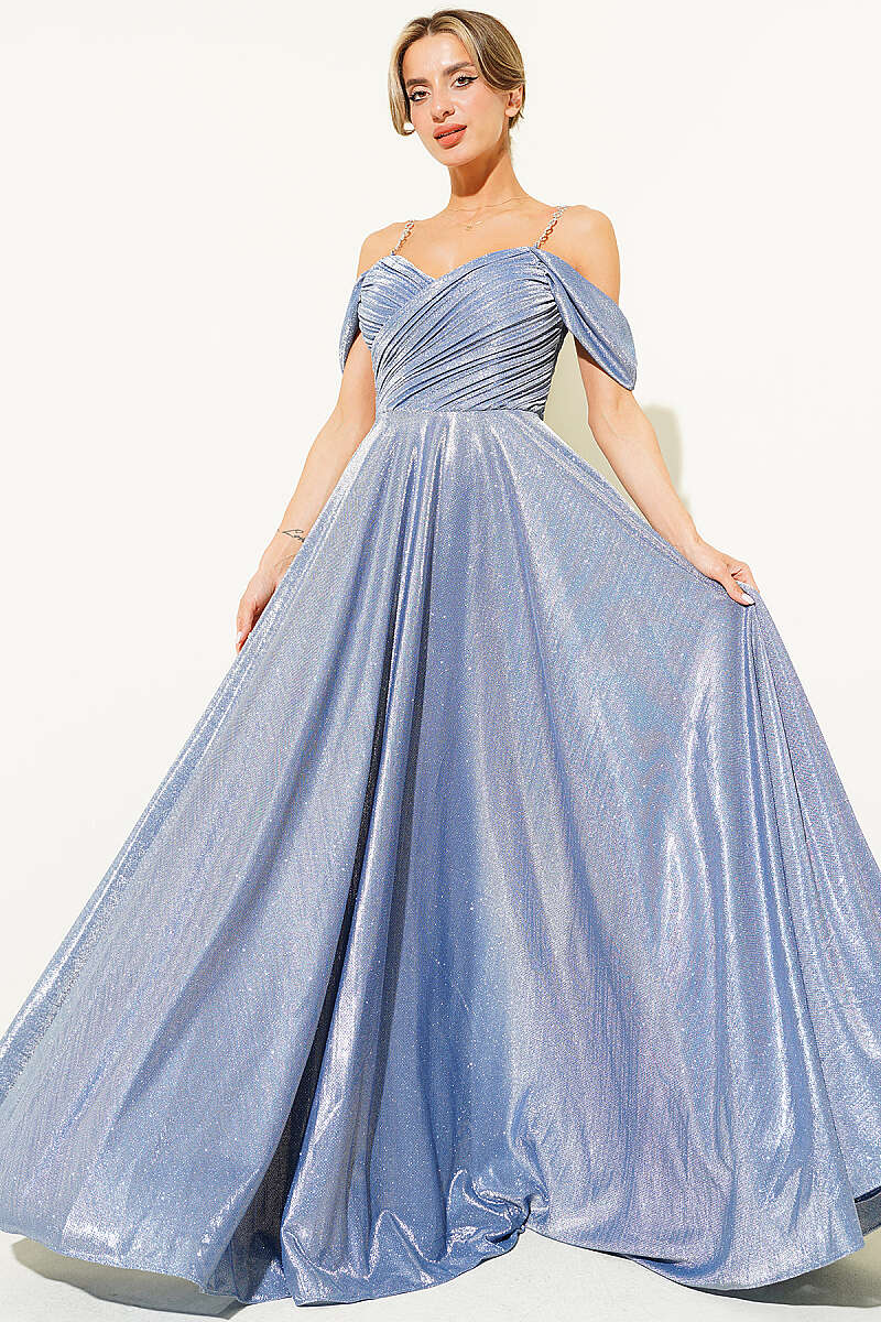 Strapless Glitter Evening Dress with Stone Straps - Indigo
