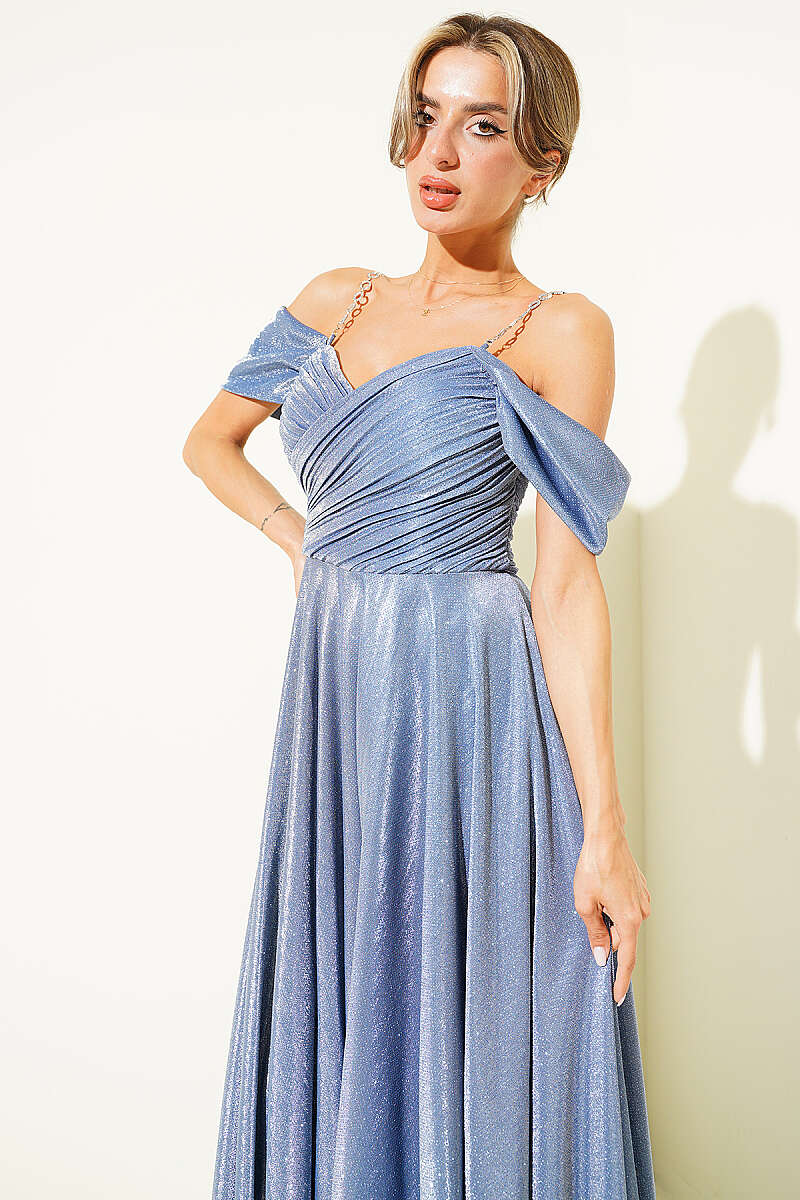 Strapless Glitter Evening Dress with Stone Straps - Indigo