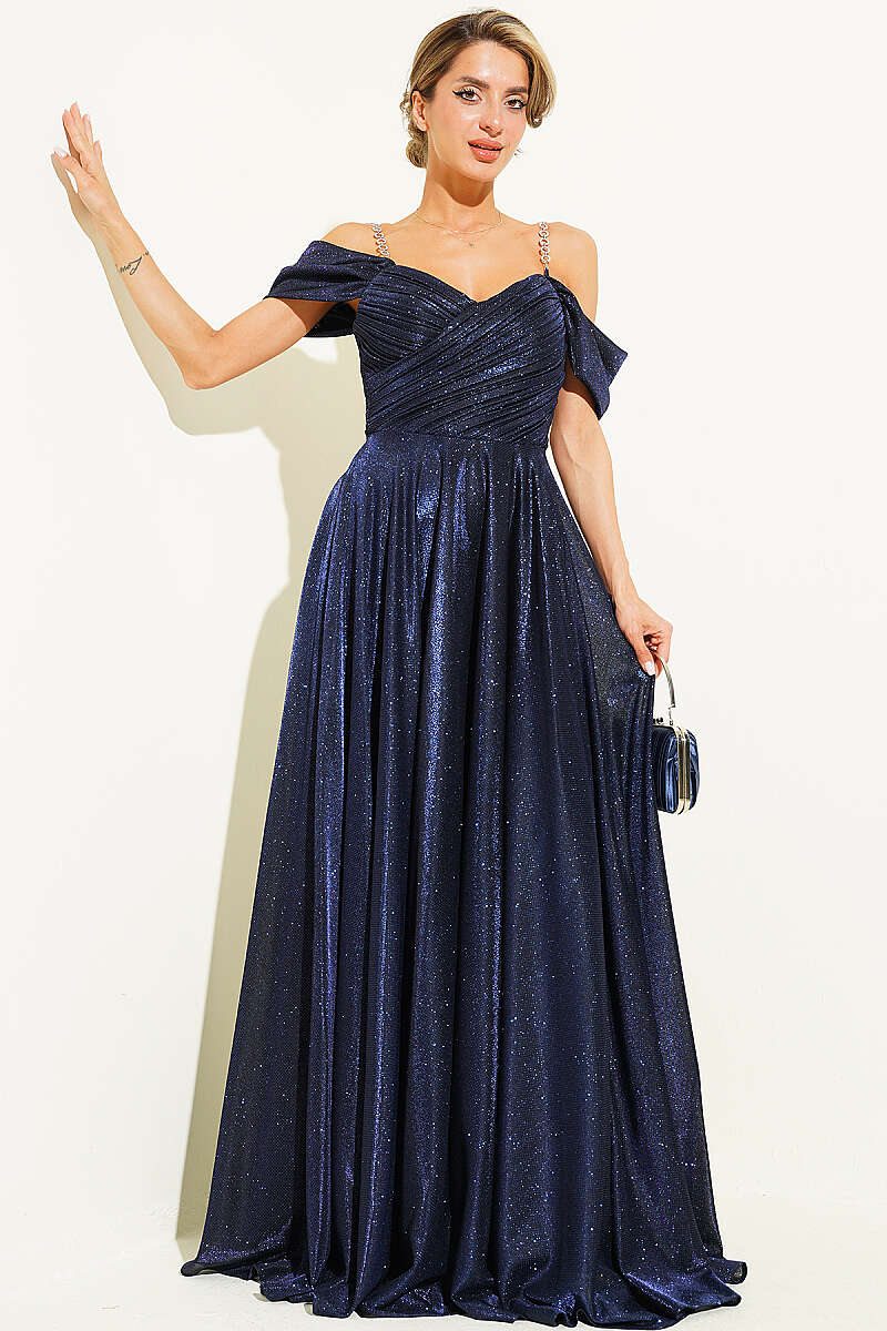 Strapless Glitter Evening Dress with Stone Straps - Navy