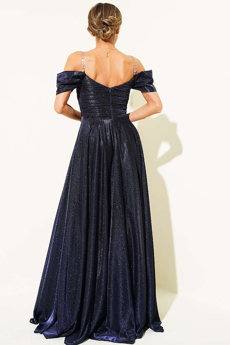 Strapless Glitter Evening Dress with Stone Straps - Navy