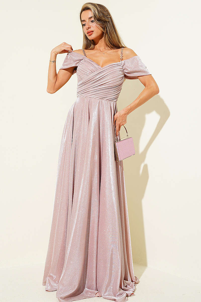 Strapless Glitter Evening Dress with Stone Straps - Powder