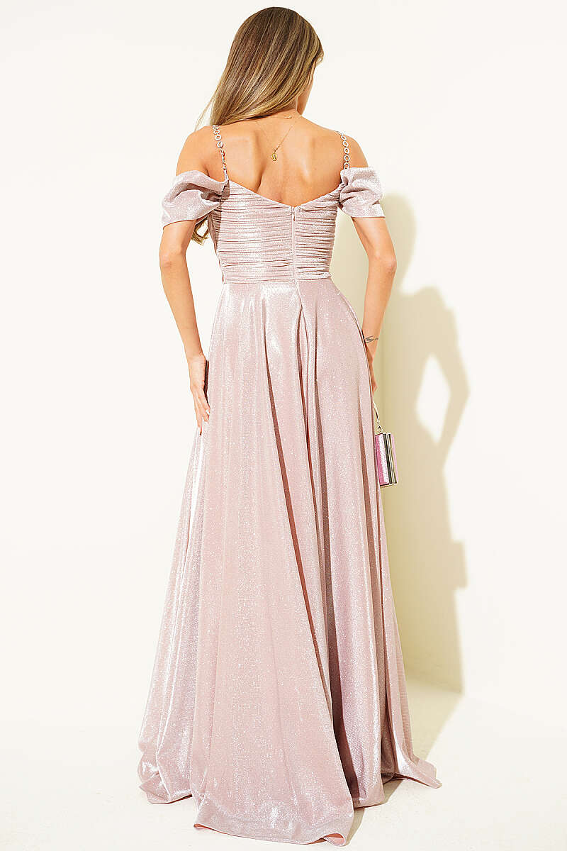 Strapless Glitter Evening Dress with Stone Straps - Powder