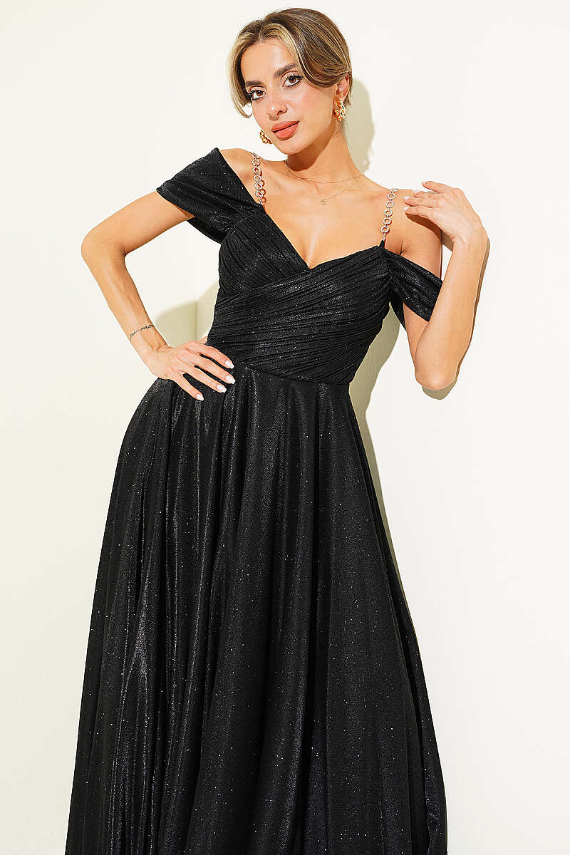 Strapless Glitter Evening Dress with Stone Straps - Black