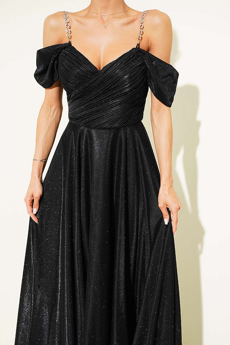 Strapless Glitter Evening Dress with Stone Straps - Black