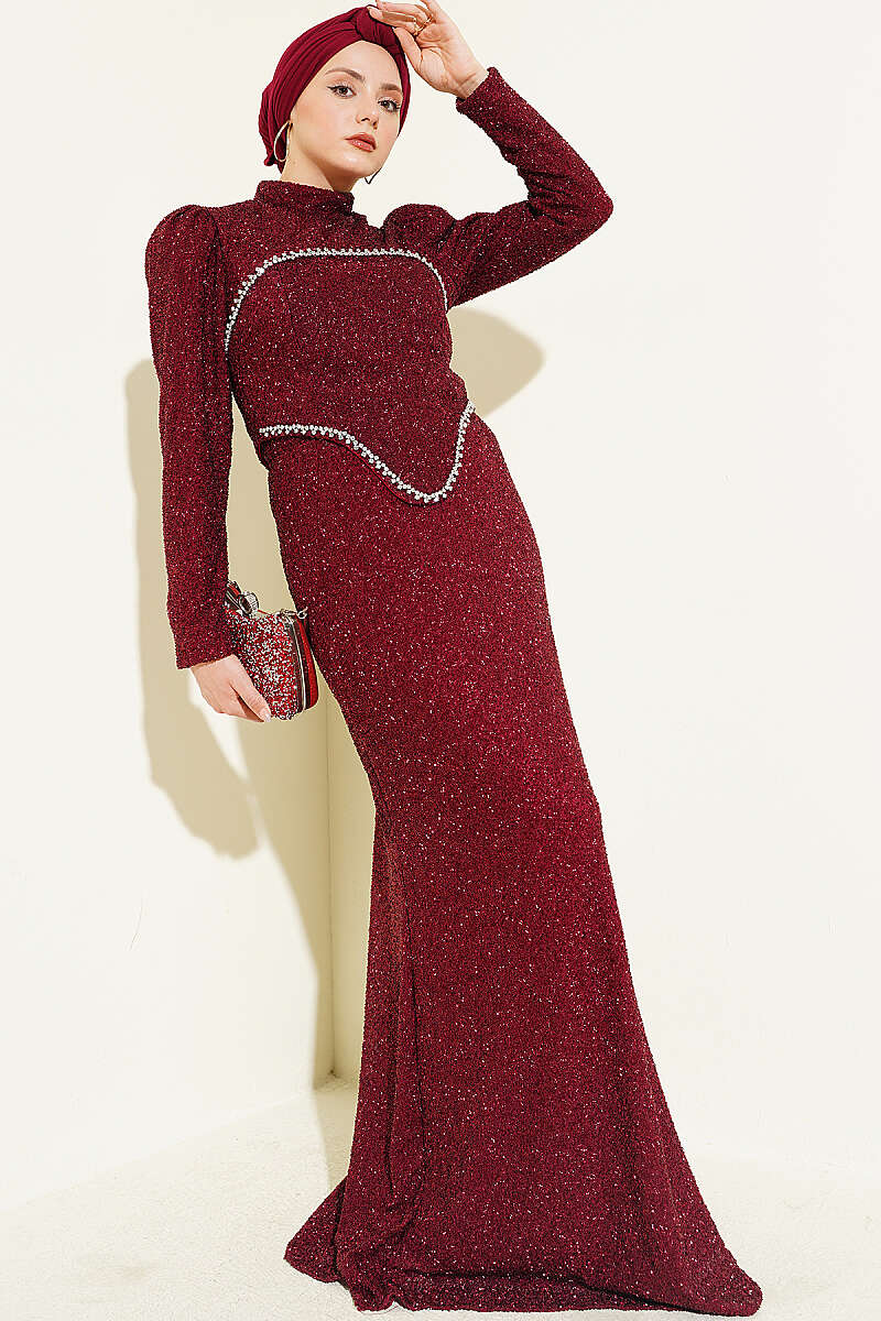 Stone-Embroidered Evening Two-Piece Set - Burgundy