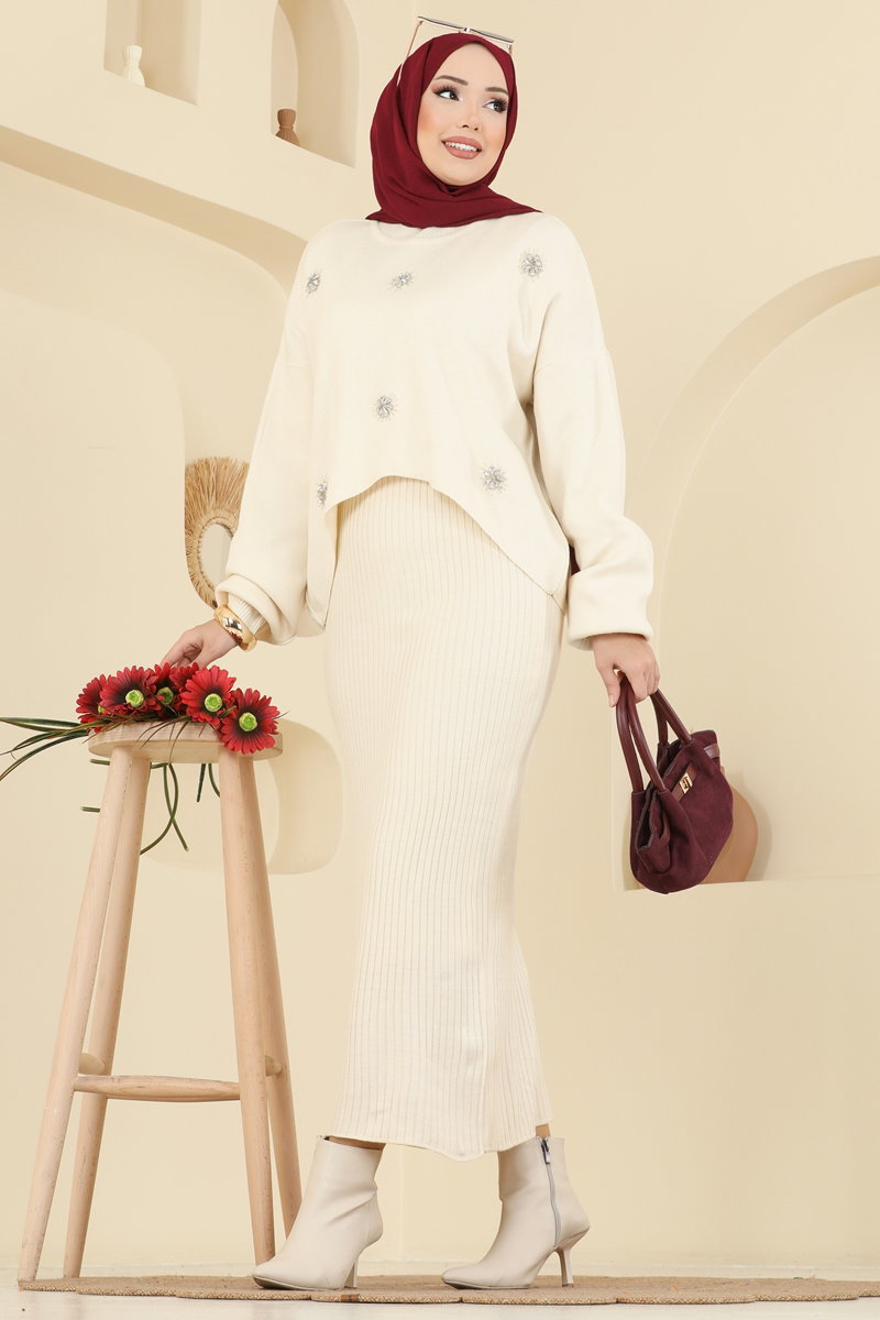 Embellished Knit Dress Set - Stone