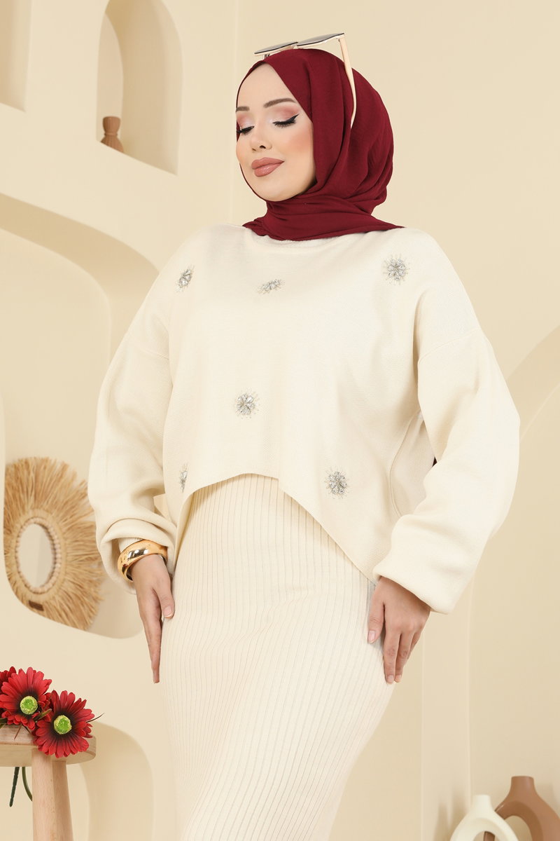 Embellished Knit Dress Set - Stone