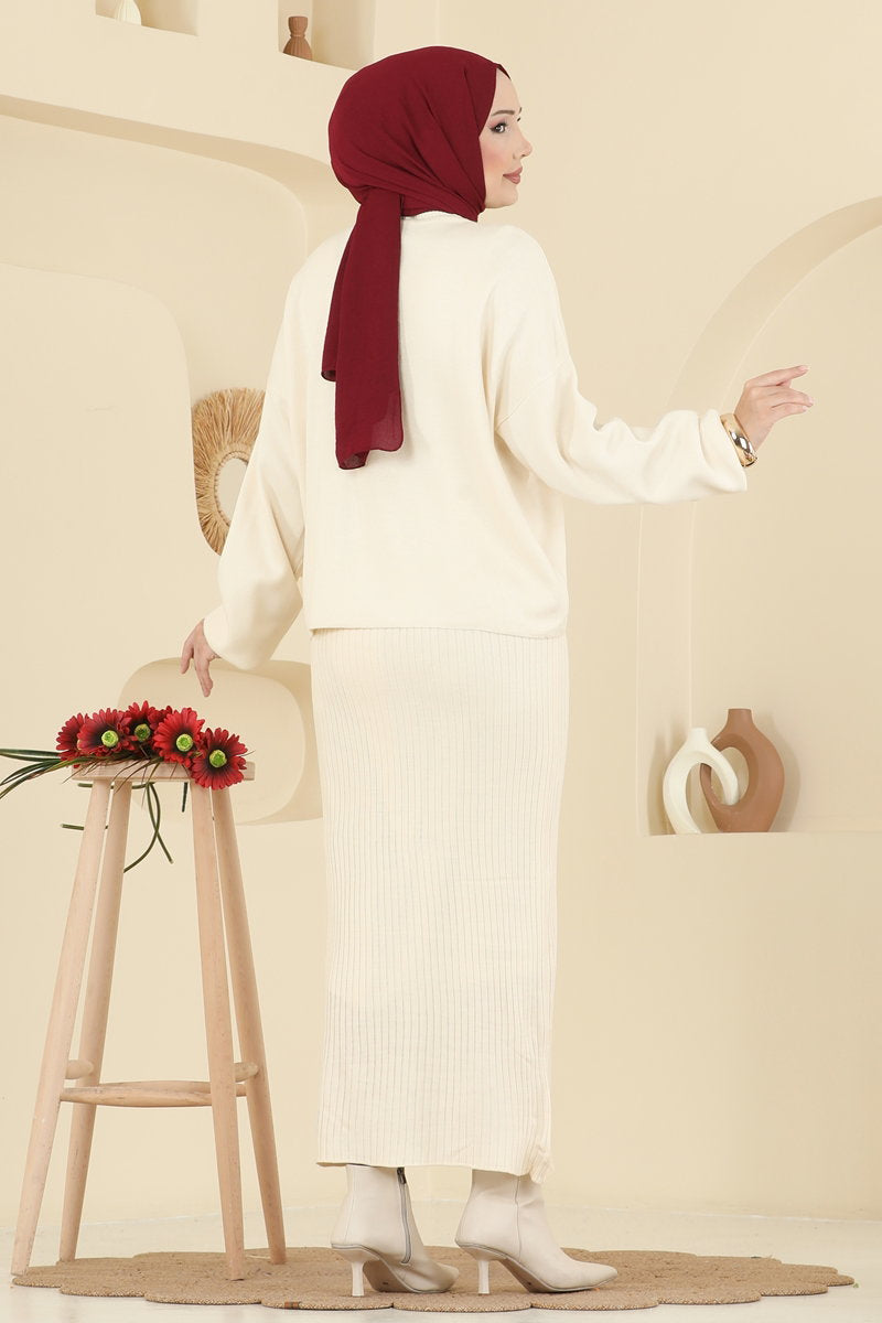 Embellished Knit Dress Set - Stone