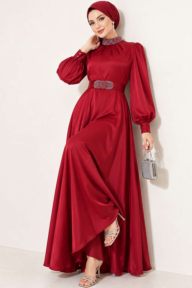 Stone-Embellished Satin Evening Dress - Burgundy