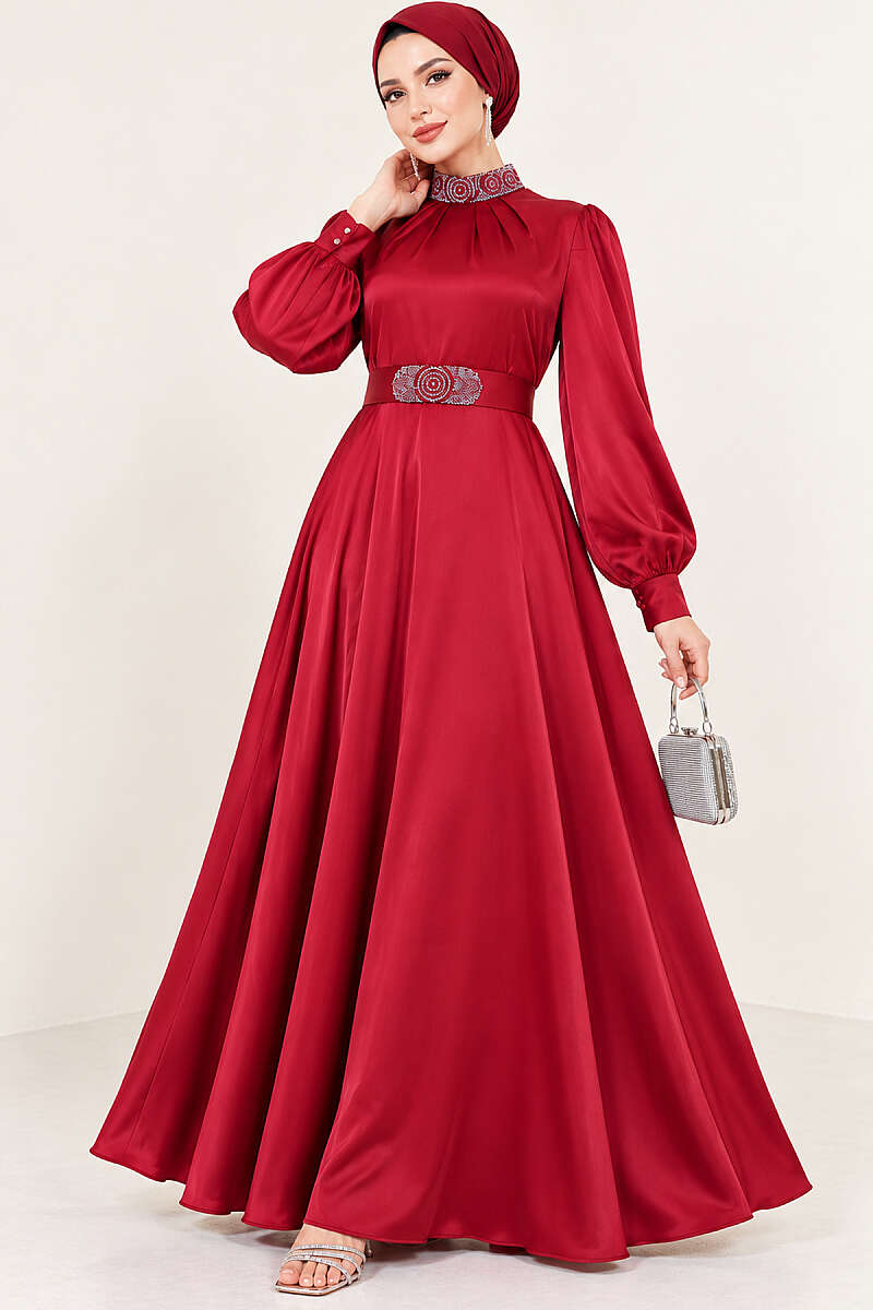 Stone-Embellished Satin Evening Dress - Burgundy