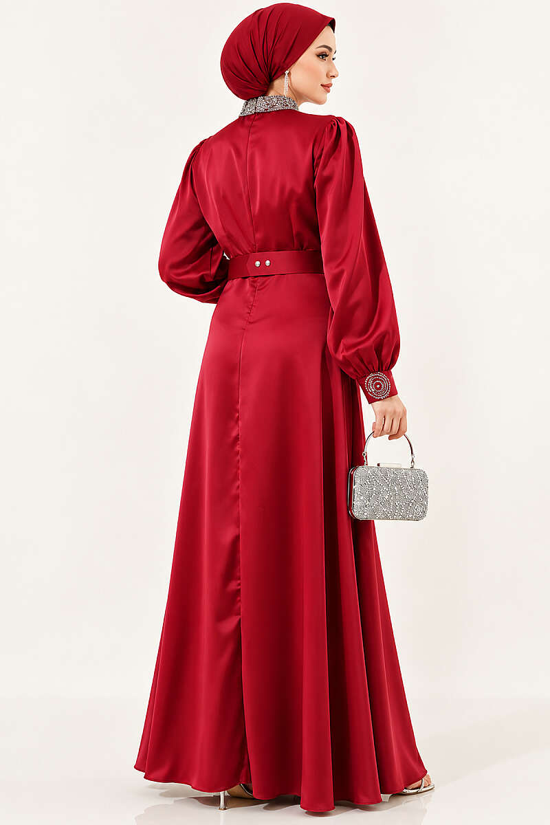 Stone-Embellished Satin Evening Dress - Burgundy