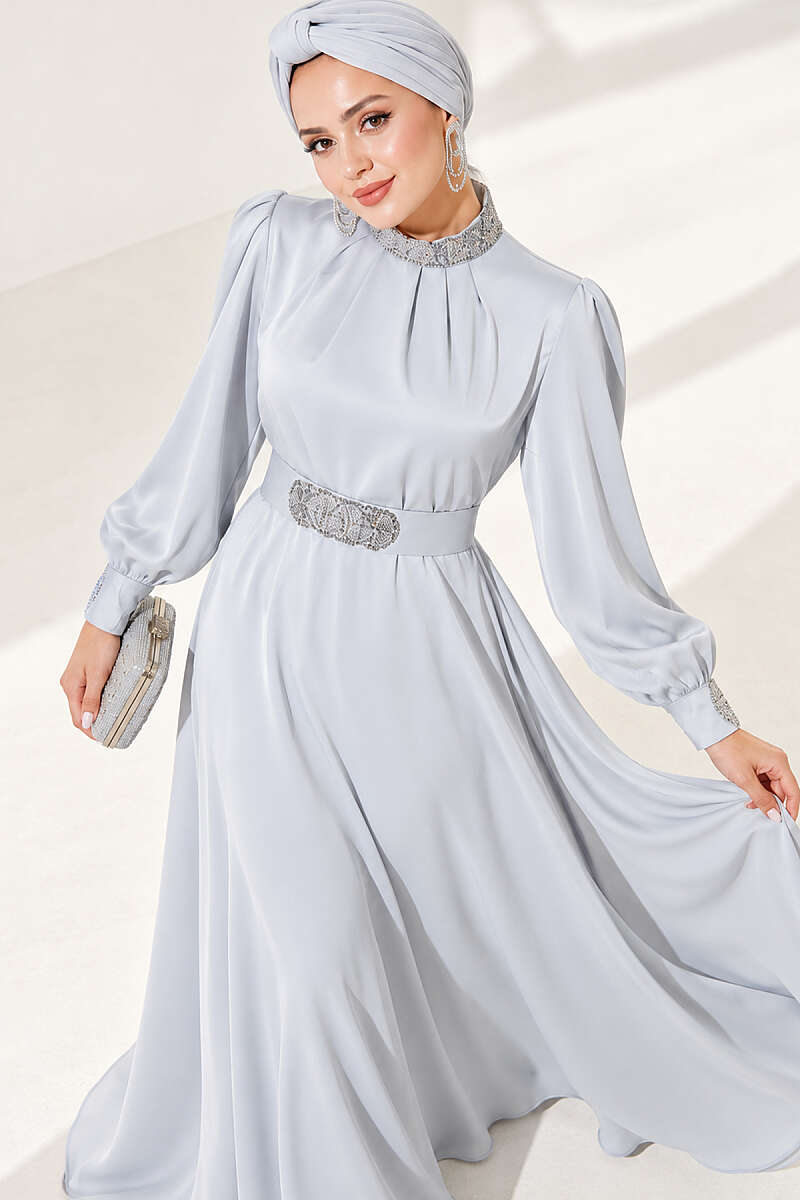 Stone-Embellished Satin Evening Dress - Grey