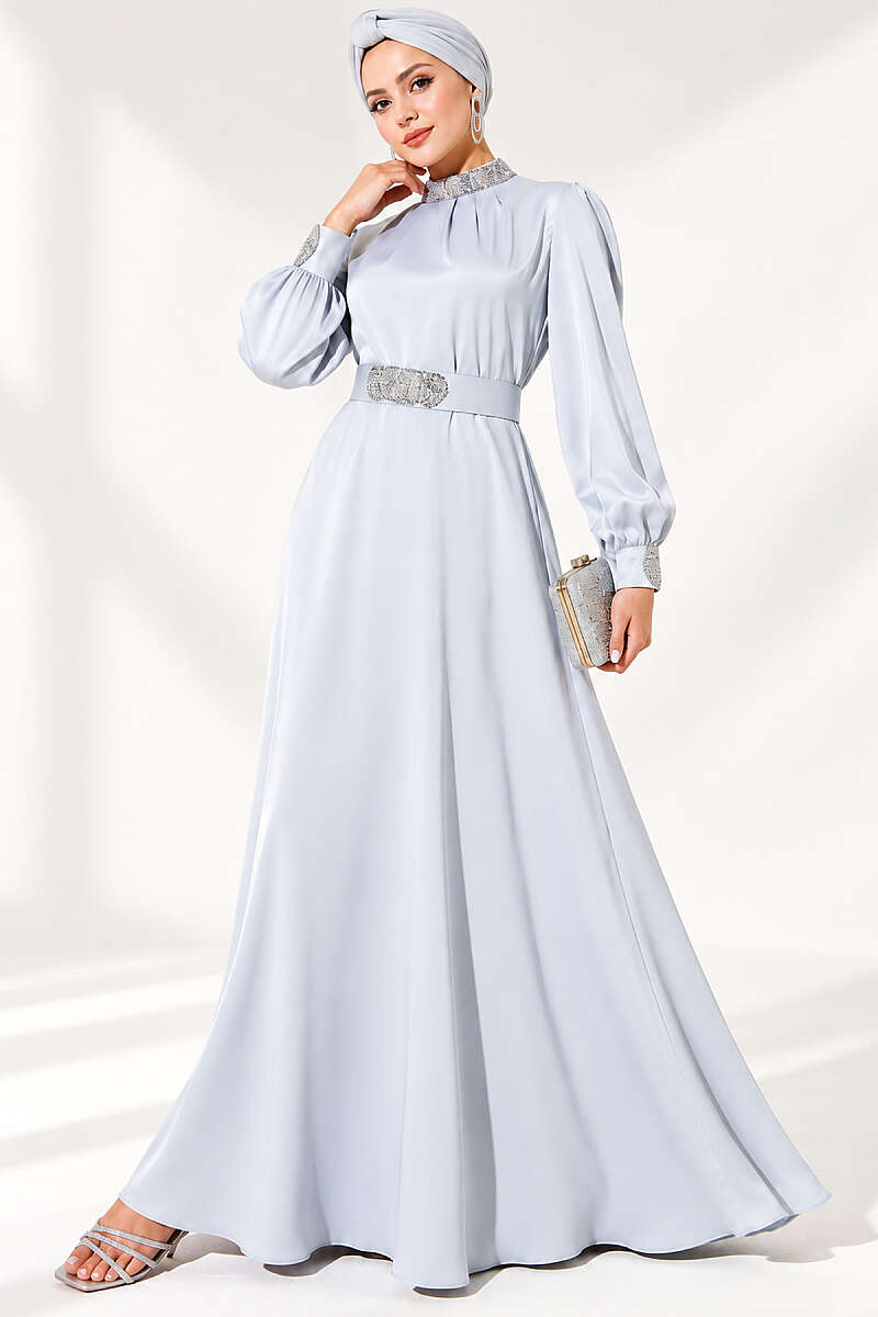 Stone-Embellished Satin Evening Dress - Grey