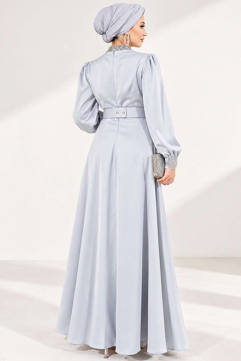 Stone-Embellished Satin Evening Dress - Grey