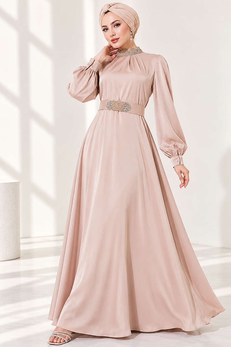 Stone-Embellished Satin Evening Dress - Latte