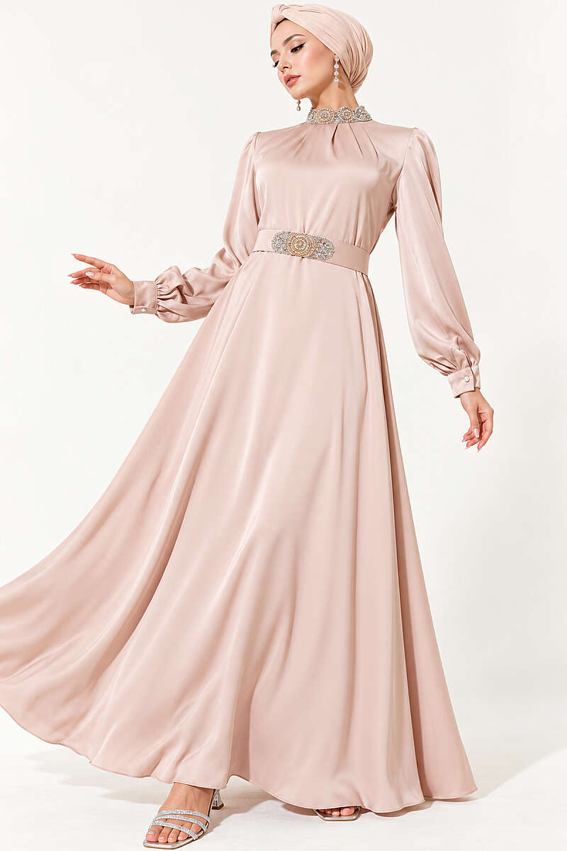 Stone-Embellished Satin Evening Dress - Latte