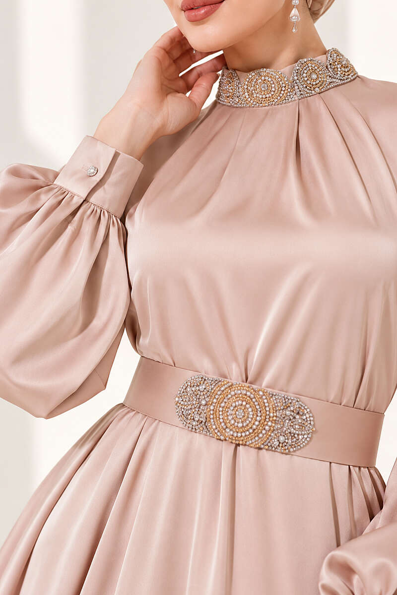 Stone-Embellished Satin Evening Dress - Latte