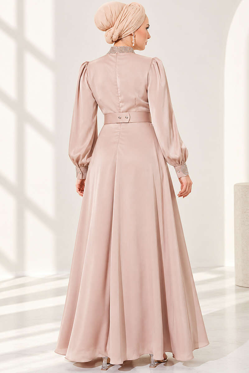 Stone-Embellished Satin Evening Dress - Latte
