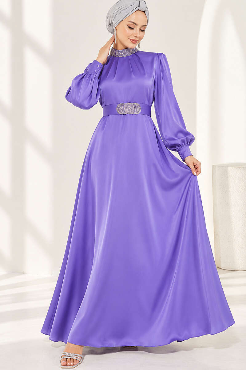 Stone-Embellished Satin Evening Dress - Lilac
