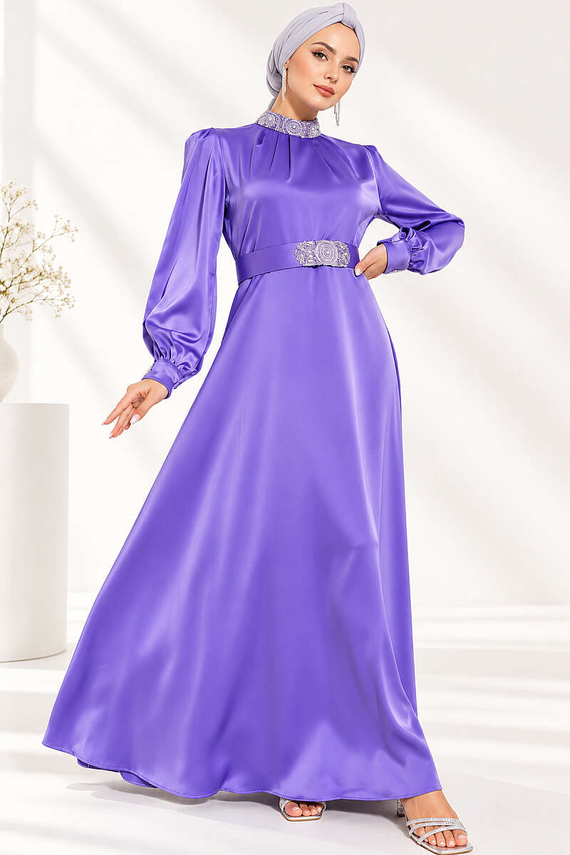 Stone-Embellished Satin Evening Dress - Lilac