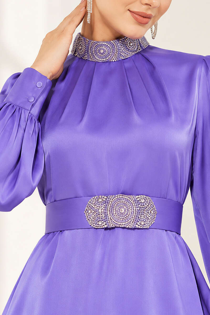 Stone-Embellished Satin Evening Dress - Lilac