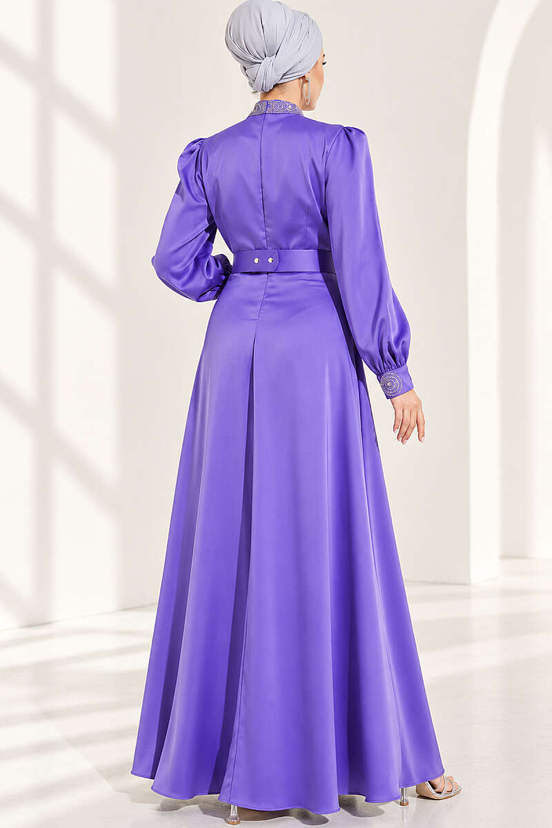 Stone-Embellished Satin Evening Dress - Lilac